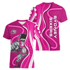 Sydney Sixers Women V-Neck T-Shirt Aboriginal Dot Art Pink White - Tribal Wave Pattern