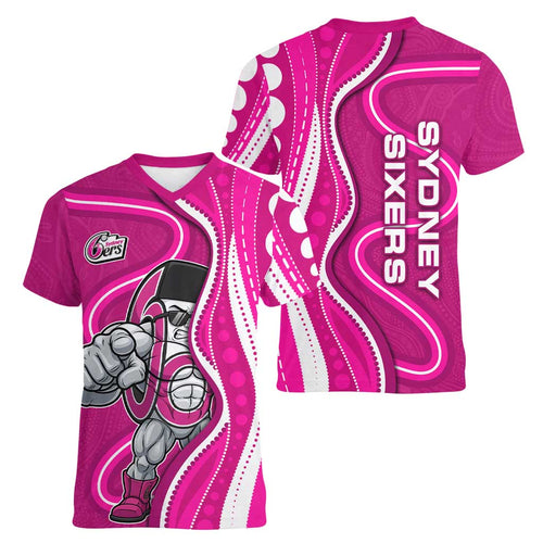 Sydney Sixers Women V-Neck T-Shirt Aboriginal Dot Art Pink White - Tribal Wave Pattern