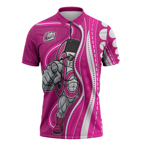 Sydney Sixers Zipper Polo Shirt Aboriginal Dot Art Pink White - Tribal Wave Pattern