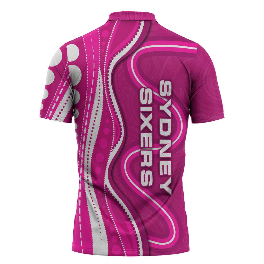 Sydney Sixers Zipper Polo Shirt Aboriginal Dot Art Pink White - Tribal Wave Pattern