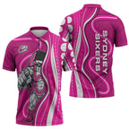 Sydney Sixers Zipper Polo Shirt Aboriginal Dot Art Pink White - Tribal Wave Pattern