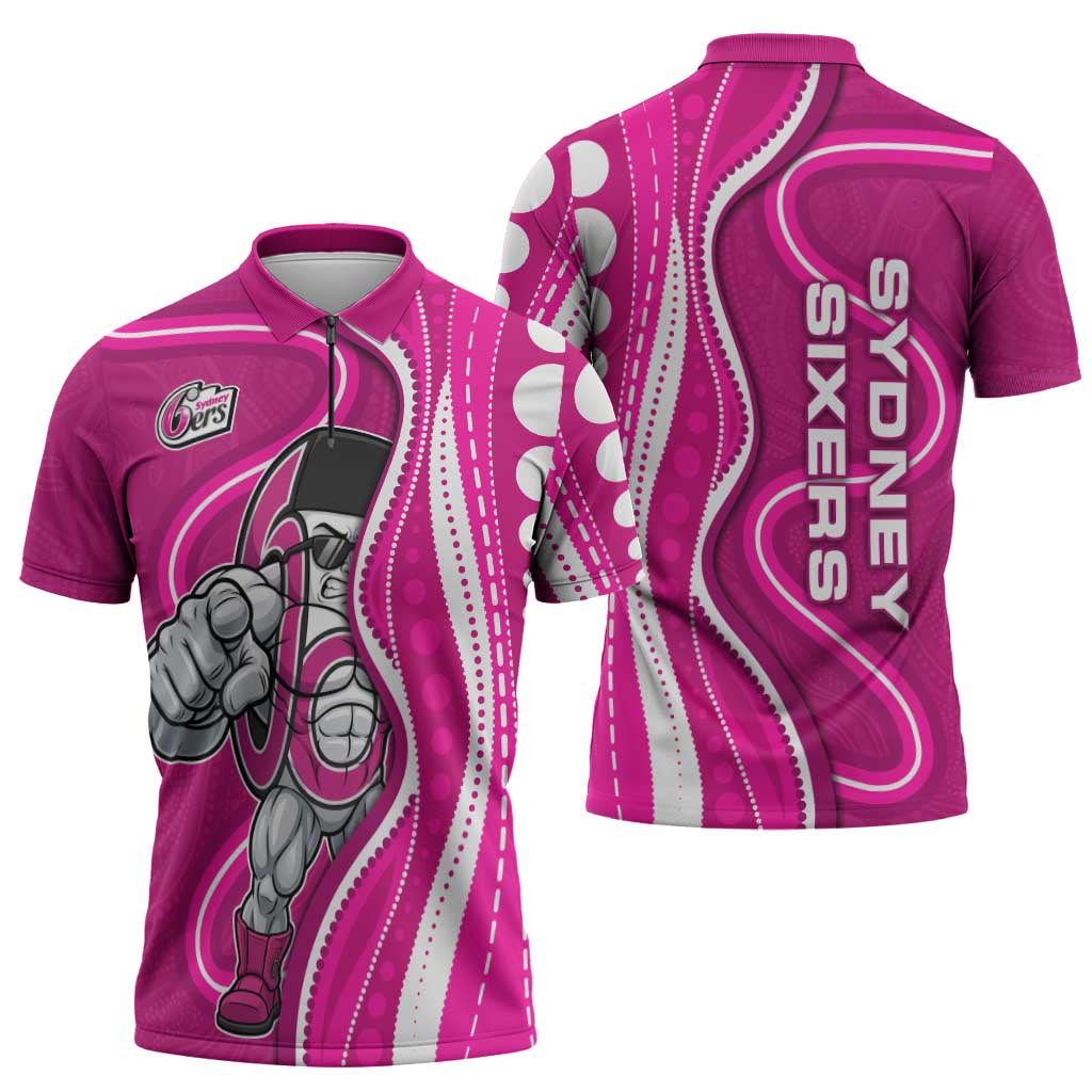 Sydney Sixers Zipper Polo Shirt Aboriginal Dot Art Pink White - Tribal Wave Pattern