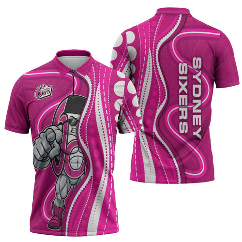 Sydney Sixers Zipper Polo Shirt Aboriginal Dot Art Pink White - Tribal Wave Pattern