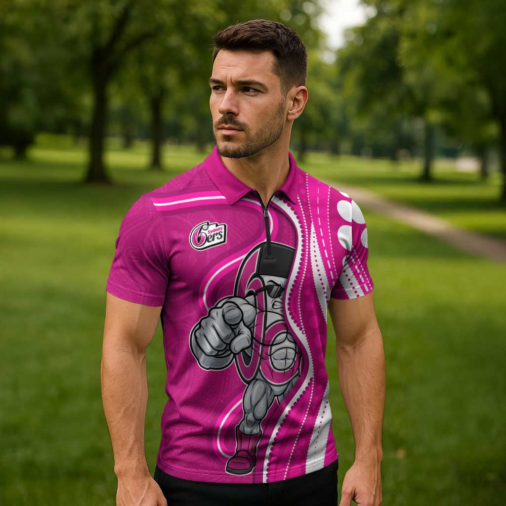 Sydney Sixers Zipper Polo Shirt Aboriginal Dot Art Pink White - Tribal Wave Pattern