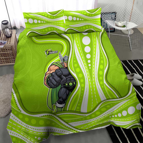 Sydney Thunder Bedding Set Aboriginal Dot Art Green White - Tribal Wave Pattern