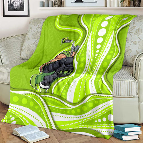 Sydney Thunder Blanket Aboriginal Dot Art Green White - Tribal Wave Pattern
