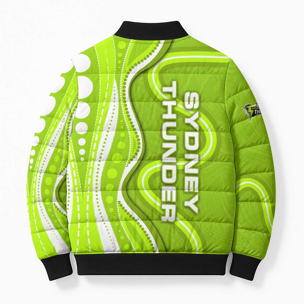 Sydney Thunder Bomber Puffer Jacket Aboriginal Dot Art Green White - Tribal Wave Pattern