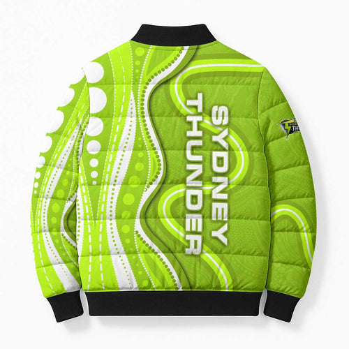 Sydney Thunder Bomber Puffer Jacket Aboriginal Dot Art Green White - Tribal Wave Pattern