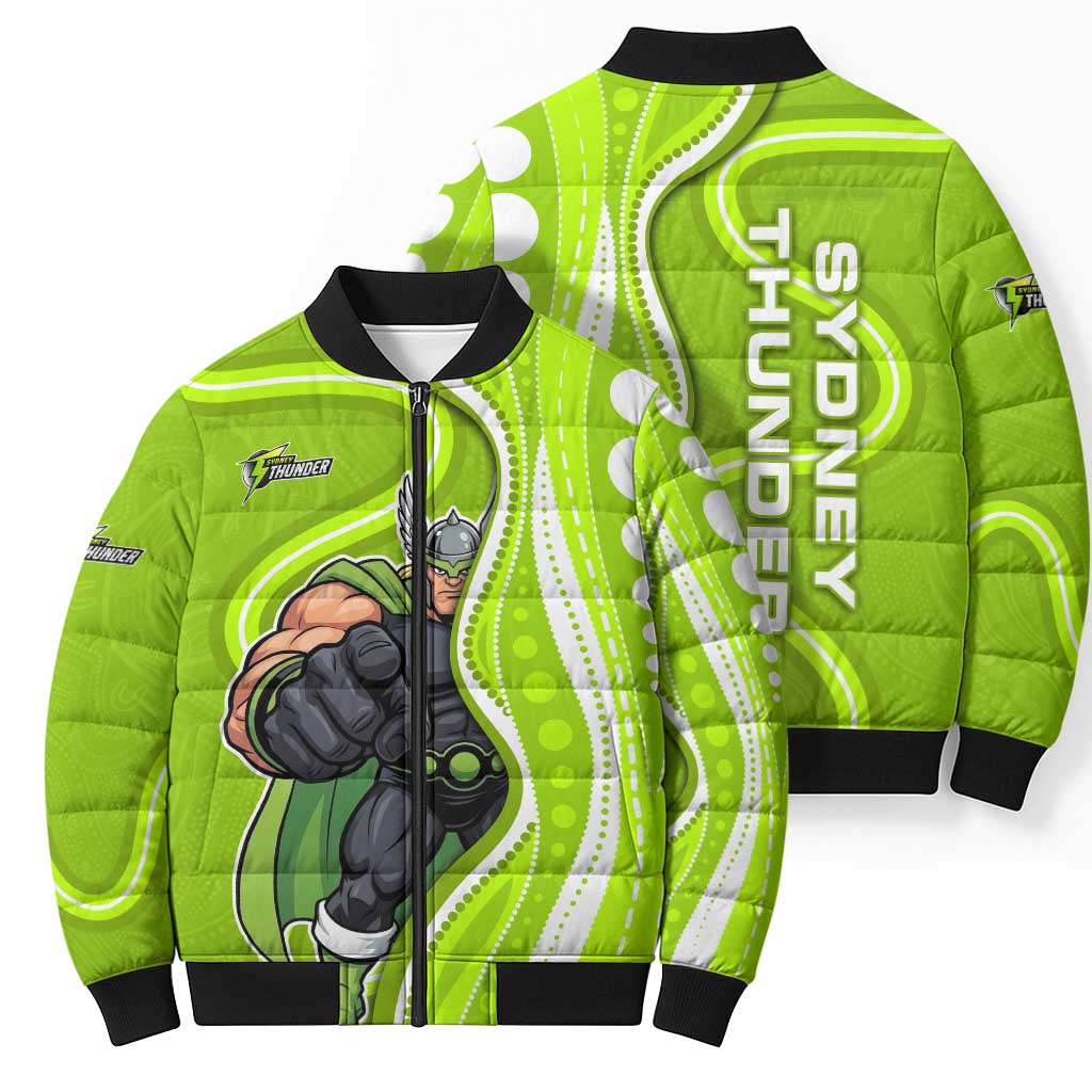 Sydney Thunder Bomber Puffer Jacket Aboriginal Dot Art Green White - Tribal Wave Pattern