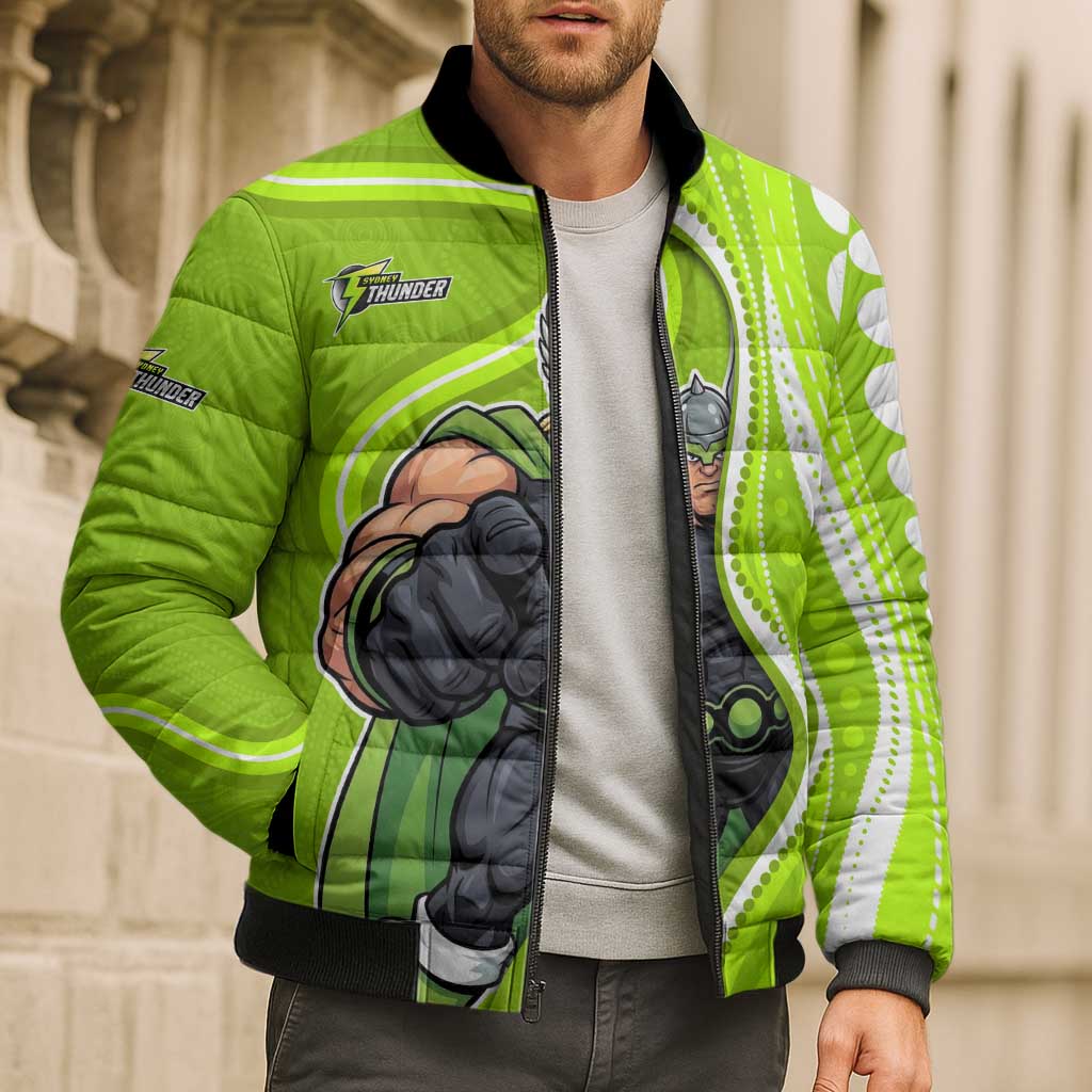 Sydney Thunder Bomber Puffer Jacket Aboriginal Dot Art Green White - Tribal Wave Pattern