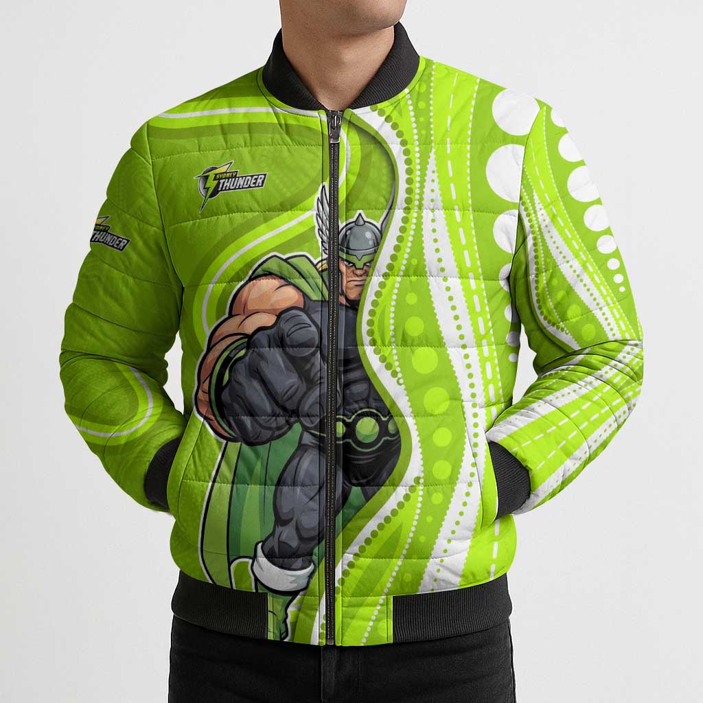 Sydney Thunder Bomber Puffer Jacket Aboriginal Dot Art Green White - Tribal Wave Pattern