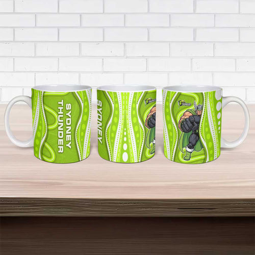 Sydney Thunder Ceramic Mug Aboriginal Dot Art Green White - Tribal Wave Pattern