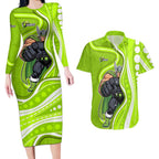 Sydney Thunder Couples Matching Long Sleeve Bodycon Dress and Hawaiian Shirt Aboriginal Dot Art Green White - Tribal Wave Pattern