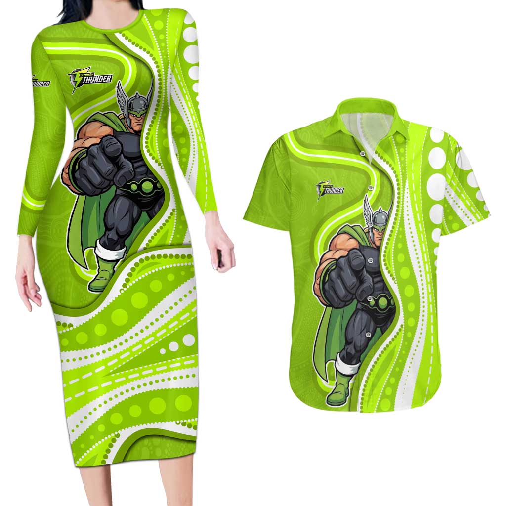 Sydney Thunder Couples Matching Long Sleeve Bodycon Dress and Hawaiian Shirt Aboriginal Dot Art Green White - Tribal Wave Pattern
