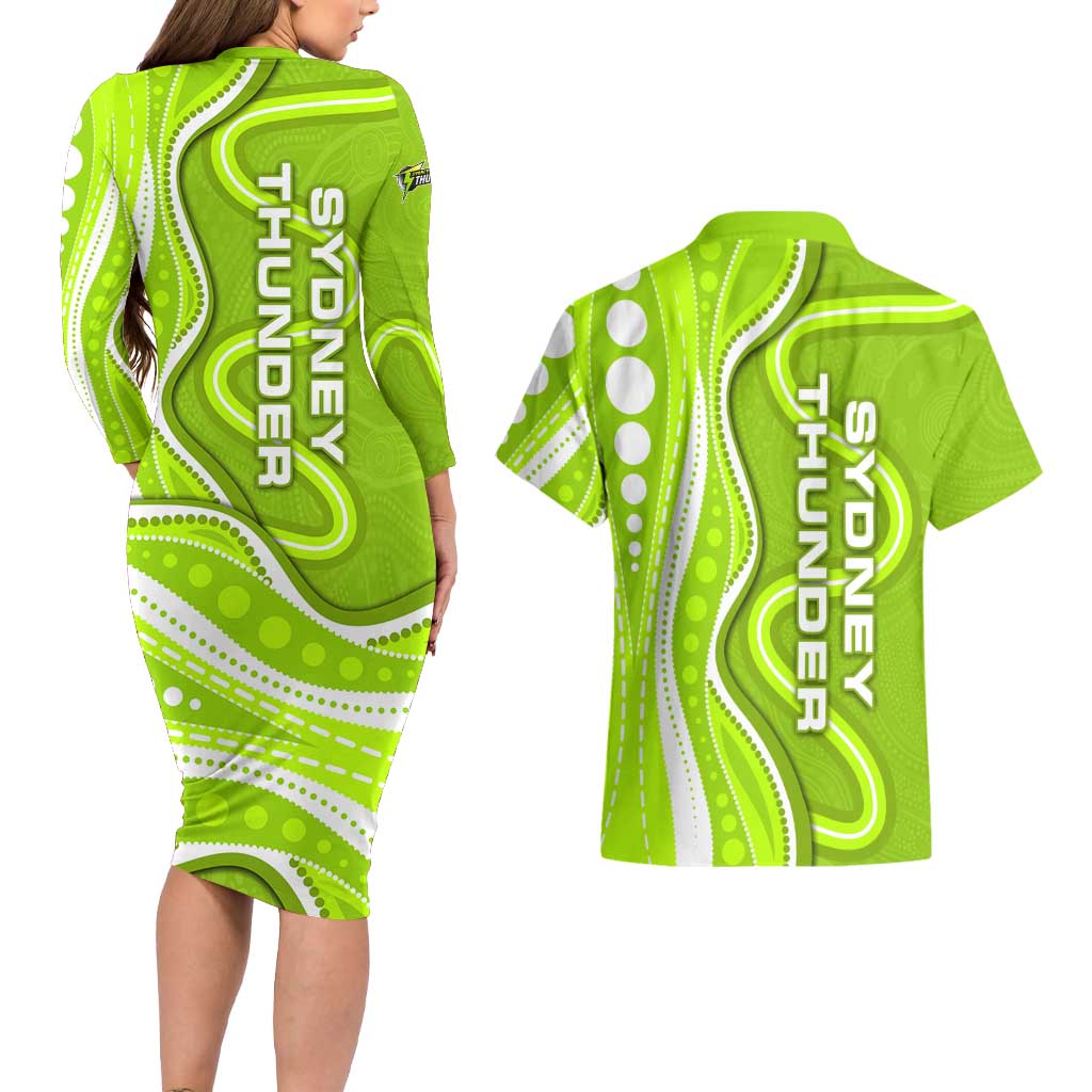 Sydney Thunder Couples Matching Long Sleeve Bodycon Dress and Hawaiian Shirt Aboriginal Dot Art Green White - Tribal Wave Pattern