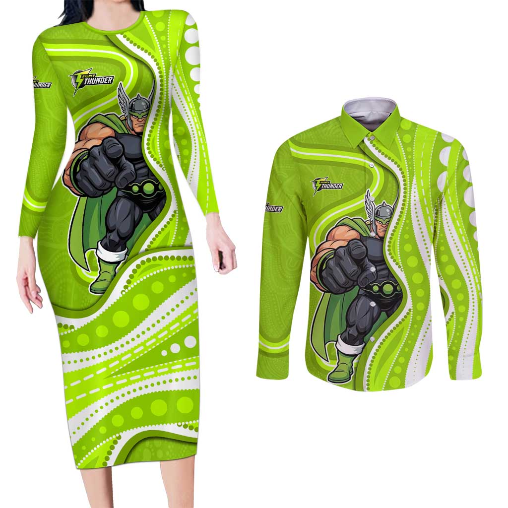 Sydney Thunder Couples Matching Long Sleeve Bodycon Dress and Long Sleeve Button Shirt Aboriginal Dot Art Green White - Tribal Wave Pattern