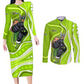 Sydney Thunder Couples Matching Long Sleeve Bodycon Dress and Long Sleeve Button Shirt Aboriginal Dot Art Green White - Tribal Wave Pattern