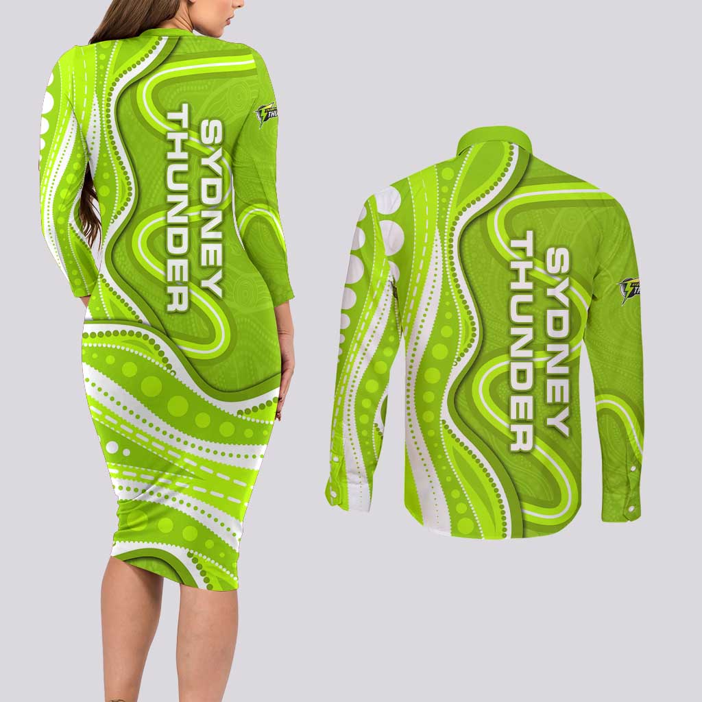Sydney Thunder Couples Matching Long Sleeve Bodycon Dress and Long Sleeve Button Shirt Aboriginal Dot Art Green White - Tribal Wave Pattern