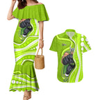 Sydney Thunder Couples Matching Mermaid Dress and Hawaiian Shirt Aboriginal Dot Art Green White - Tribal Wave Pattern