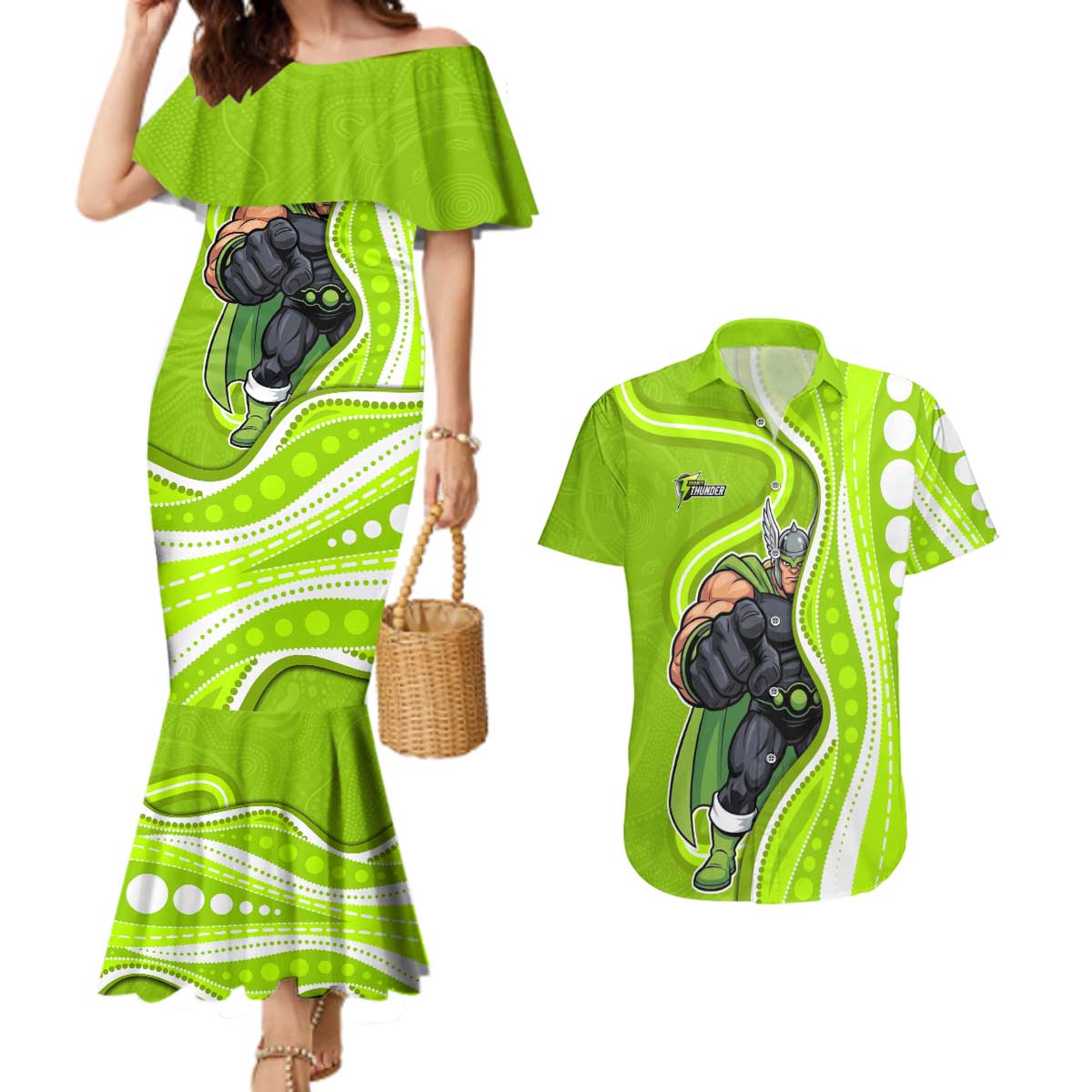 Sydney Thunder Couples Matching Mermaid Dress and Hawaiian Shirt Aboriginal Dot Art Green White - Tribal Wave Pattern