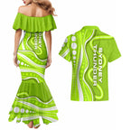 Sydney Thunder Couples Matching Mermaid Dress and Hawaiian Shirt Aboriginal Dot Art Green White - Tribal Wave Pattern