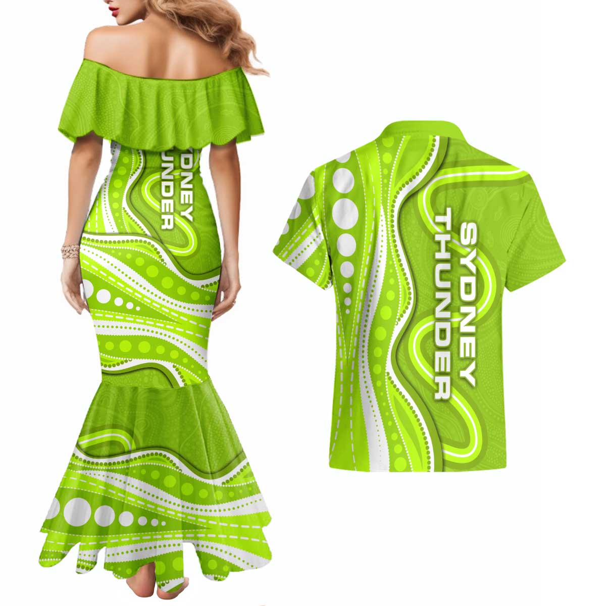 Sydney Thunder Couples Matching Mermaid Dress and Hawaiian Shirt Aboriginal Dot Art Green White - Tribal Wave Pattern