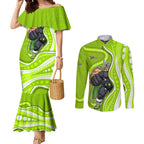 Sydney Thunder Couples Matching Mermaid Dress and Long Sleeve Button Shirt Aboriginal Dot Art Green White - Tribal Wave Pattern
