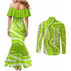 Sydney Thunder Couples Matching Mermaid Dress and Long Sleeve Button Shirt Aboriginal Dot Art Green White - Tribal Wave Pattern