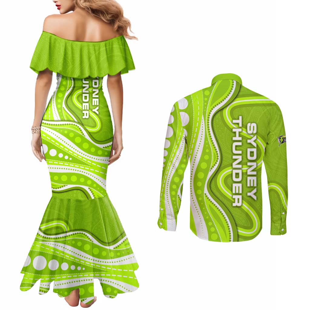 Sydney Thunder Couples Matching Mermaid Dress and Long Sleeve Button Shirt Aboriginal Dot Art Green White - Tribal Wave Pattern
