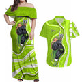 Sydney Thunder Couples Matching Off Shoulder Maxi Dress and Hawaiian Shirt Aboriginal Dot Art Green White - Tribal Wave Pattern