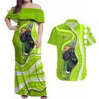 Sydney Thunder Couples Matching Off Shoulder Maxi Dress and Hawaiian Shirt Aboriginal Dot Art Green White - Tribal Wave Pattern