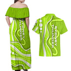 Sydney Thunder Couples Matching Off Shoulder Maxi Dress and Hawaiian Shirt Aboriginal Dot Art Green White - Tribal Wave Pattern