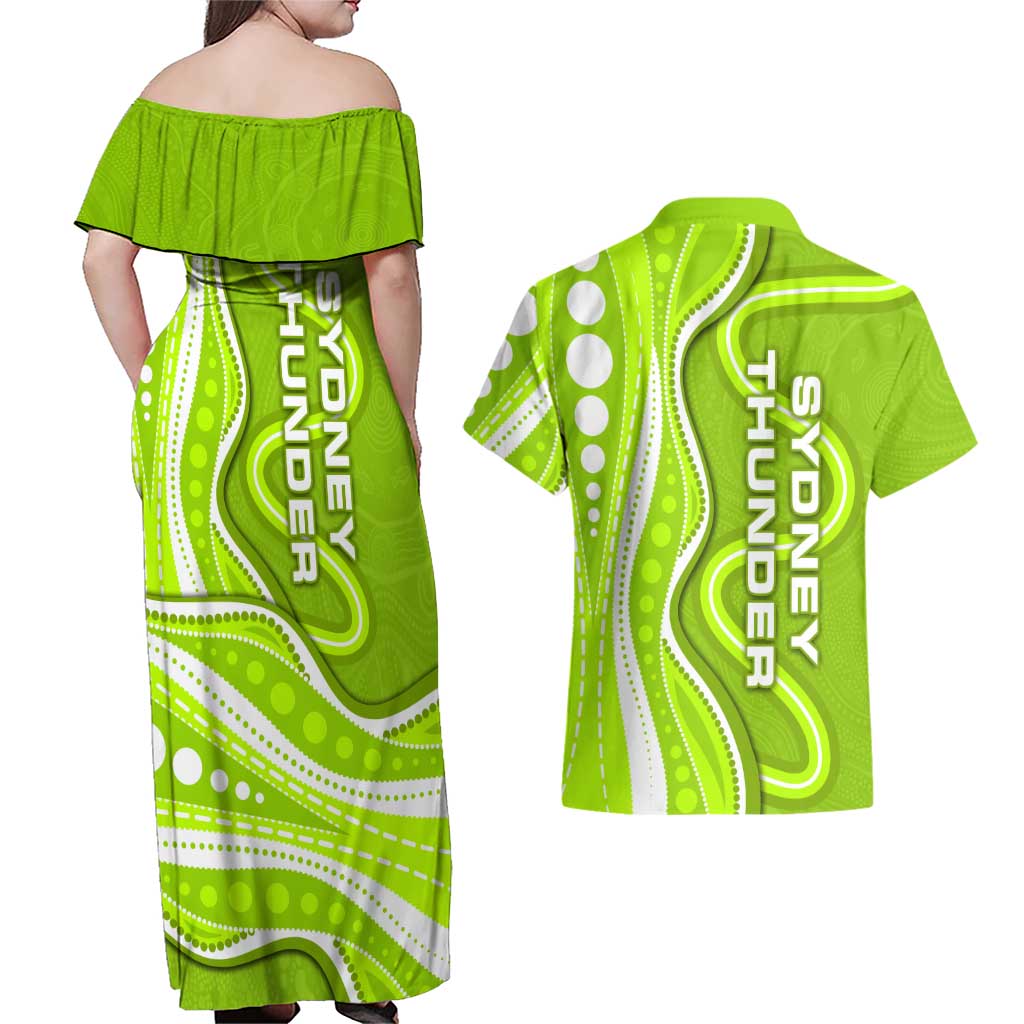 Sydney Thunder Couples Matching Off Shoulder Maxi Dress and Hawaiian Shirt Aboriginal Dot Art Green White - Tribal Wave Pattern