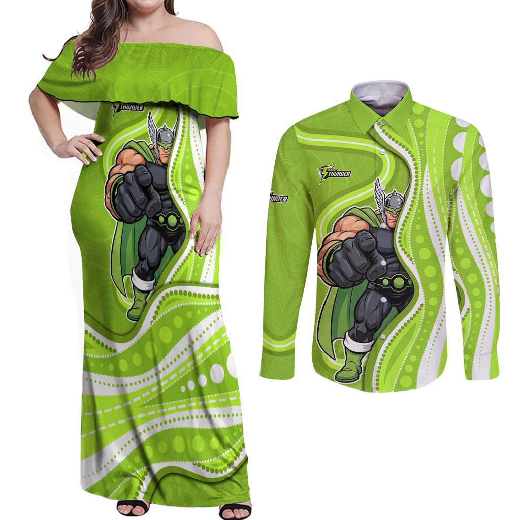 Sydney Thunder Couples Matching Off Shoulder Maxi Dress and Long Sleeve Button Shirt Aboriginal Dot Art Green White - Tribal Wave Pattern