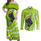 Sydney Thunder Couples Matching Off Shoulder Maxi Dress and Long Sleeve Button Shirt Aboriginal Dot Art Green White - Tribal Wave Pattern