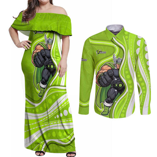 Sydney Thunder Couples Matching Off Shoulder Maxi Dress and Long Sleeve Button Shirt Aboriginal Dot Art Green White - Tribal Wave Pattern