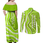 Sydney Thunder Couples Matching Off Shoulder Maxi Dress and Long Sleeve Button Shirt Aboriginal Dot Art Green White - Tribal Wave Pattern