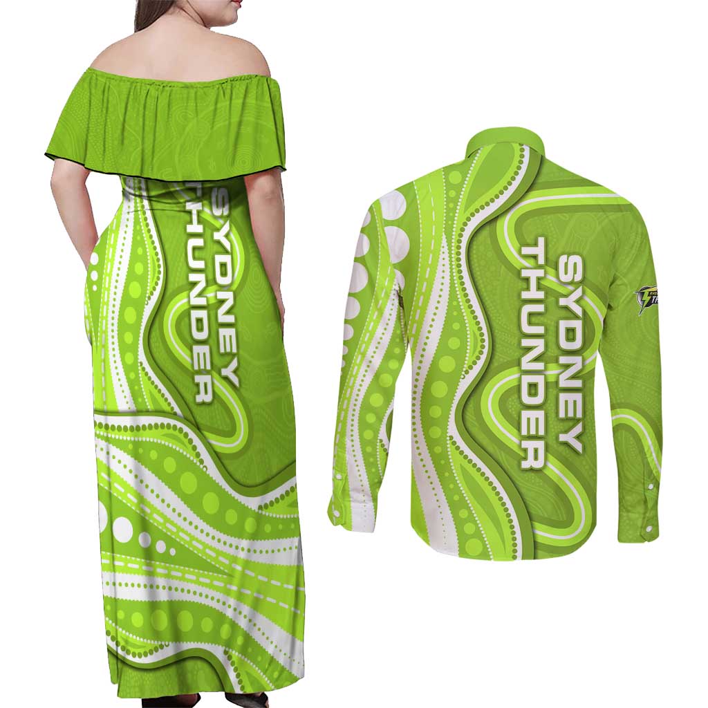 Sydney Thunder Couples Matching Off Shoulder Maxi Dress and Long Sleeve Button Shirt Aboriginal Dot Art Green White - Tribal Wave Pattern