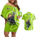 Sydney Thunder Couples Matching Off Shoulder Short Dress and Hawaiian Shirt Aboriginal Dot Art Green White - Tribal Wave Pattern