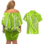 Sydney Thunder Couples Matching Off Shoulder Short Dress and Hawaiian Shirt Aboriginal Dot Art Green White - Tribal Wave Pattern