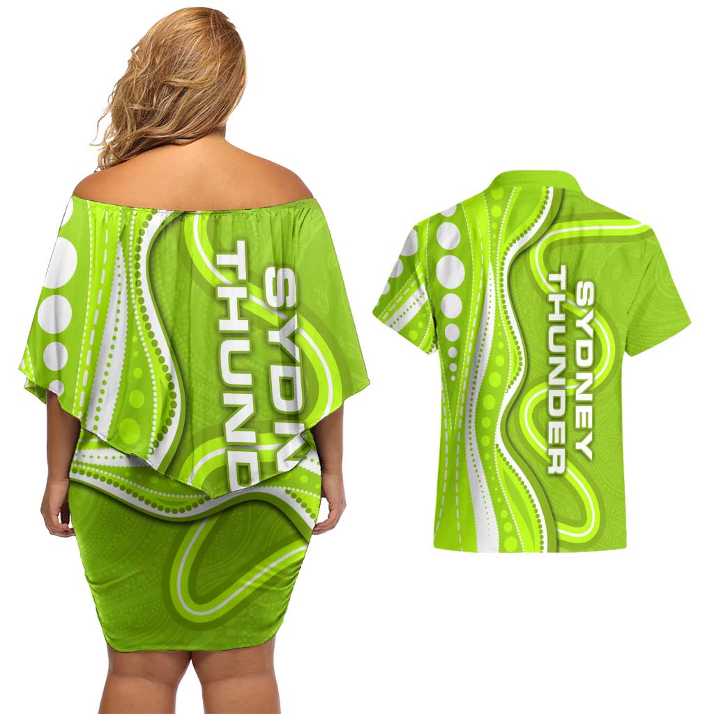 Sydney Thunder Couples Matching Off Shoulder Short Dress and Hawaiian Shirt Aboriginal Dot Art Green White - Tribal Wave Pattern