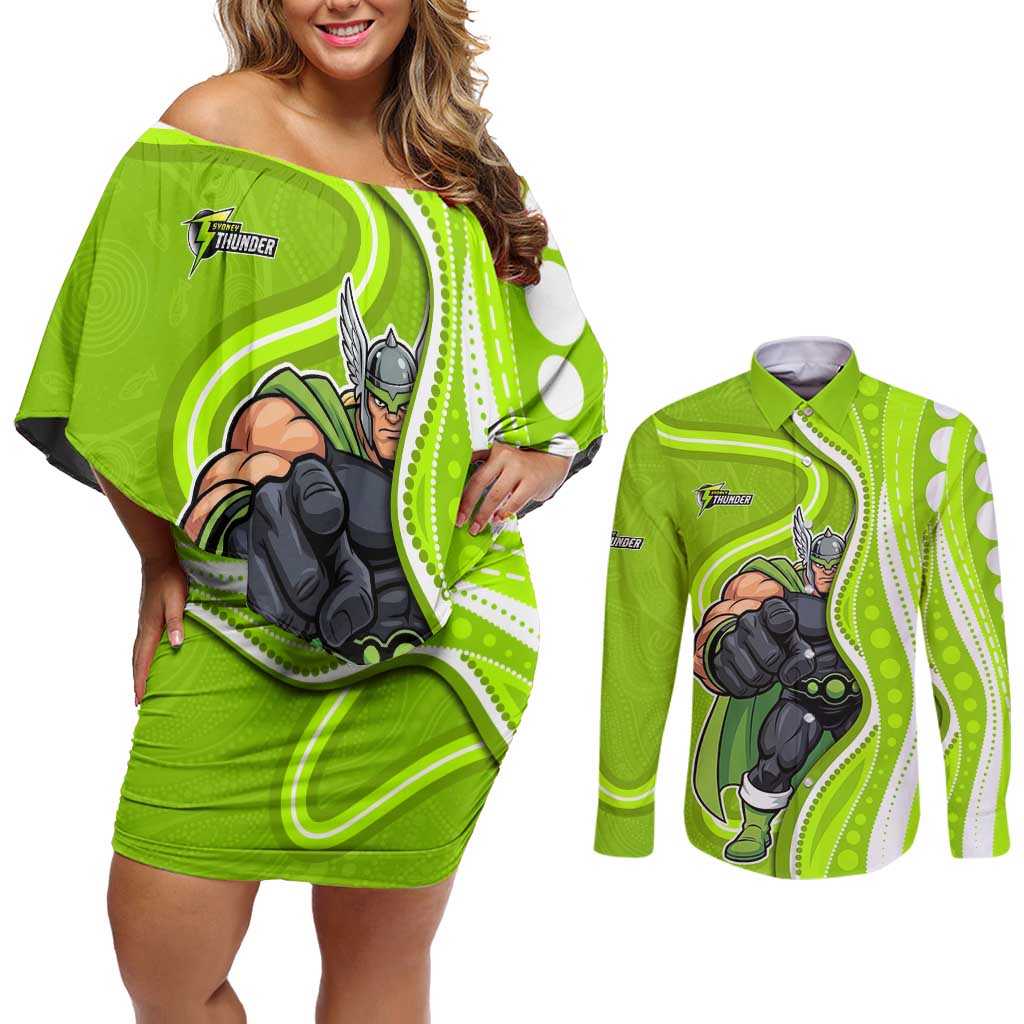 Sydney Thunder Couples Matching Off Shoulder Short Dress and Long Sleeve Button Shirt Aboriginal Dot Art Green White - Tribal Wave Pattern