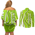 Sydney Thunder Couples Matching Off Shoulder Short Dress and Long Sleeve Button Shirt Aboriginal Dot Art Green White - Tribal Wave Pattern