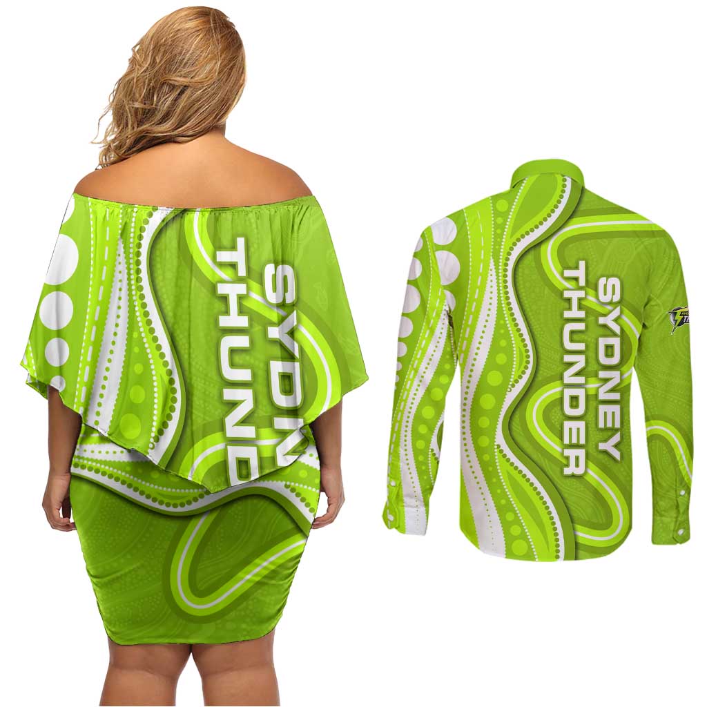 Sydney Thunder Couples Matching Off Shoulder Short Dress and Long Sleeve Button Shirt Aboriginal Dot Art Green White - Tribal Wave Pattern