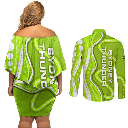 Sydney Thunder Couples Matching Off Shoulder Short Dress and Long Sleeve Button Shirt Aboriginal Dot Art Green White - Tribal Wave Pattern