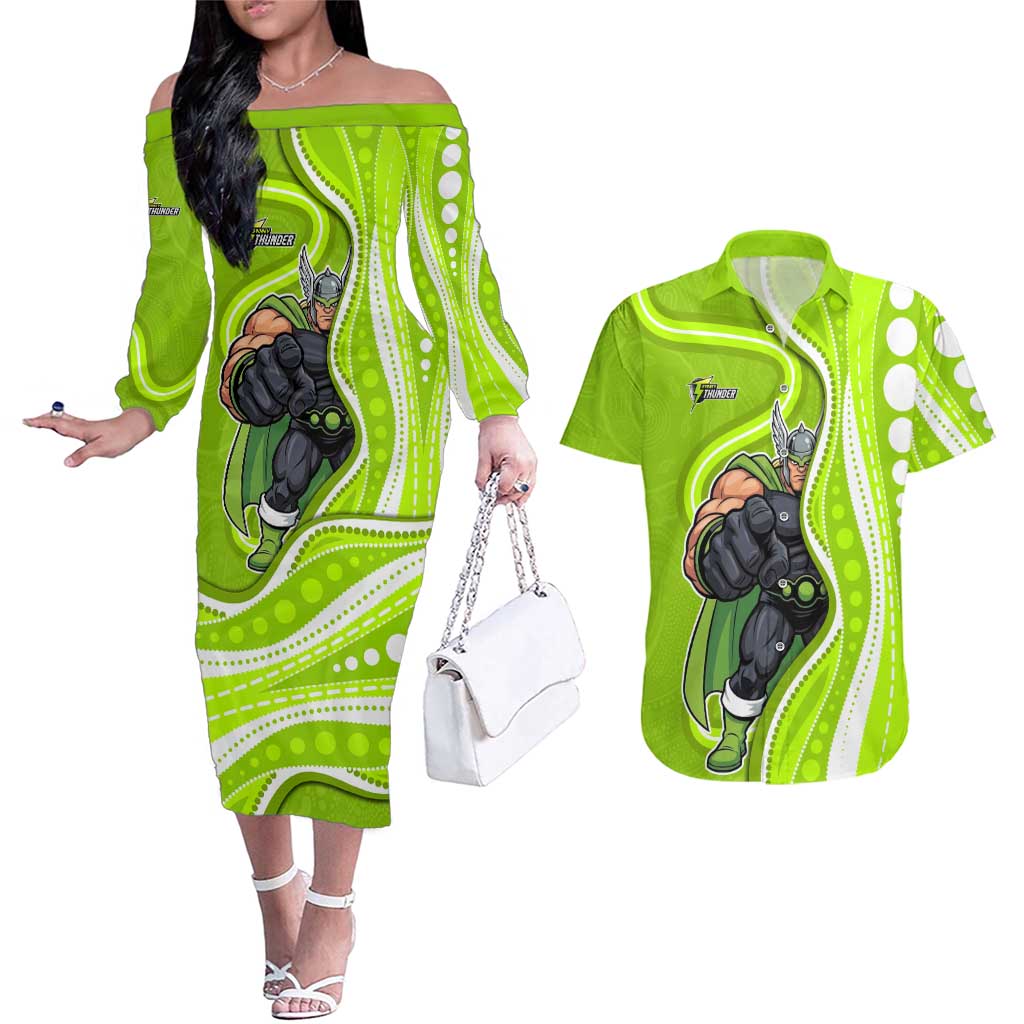 Sydney Thunder Couples Matching Off The Shoulder Long Sleeve Dress and Hawaiian Shirt Aboriginal Dot Art Green White - Tribal Wave Pattern
