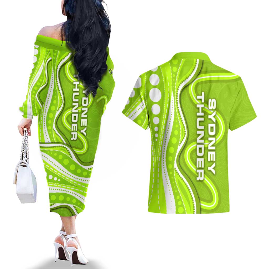 Sydney Thunder Couples Matching Off The Shoulder Long Sleeve Dress and Hawaiian Shirt Aboriginal Dot Art Green White - Tribal Wave Pattern