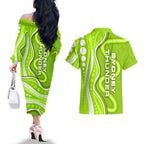 Sydney Thunder Couples Matching Off The Shoulder Long Sleeve Dress and Hawaiian Shirt Aboriginal Dot Art Green White - Tribal Wave Pattern