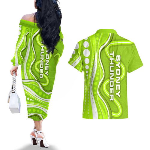 Sydney Thunder Couples Matching Off The Shoulder Long Sleeve Dress and Hawaiian Shirt Aboriginal Dot Art Green White - Tribal Wave Pattern