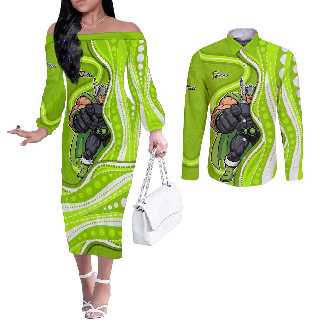 Sydney Thunder Couples Matching Off The Shoulder Long Sleeve Dress and Long Sleeve Button Shirt Aboriginal Dot Art Green White - Tribal Wave Pattern